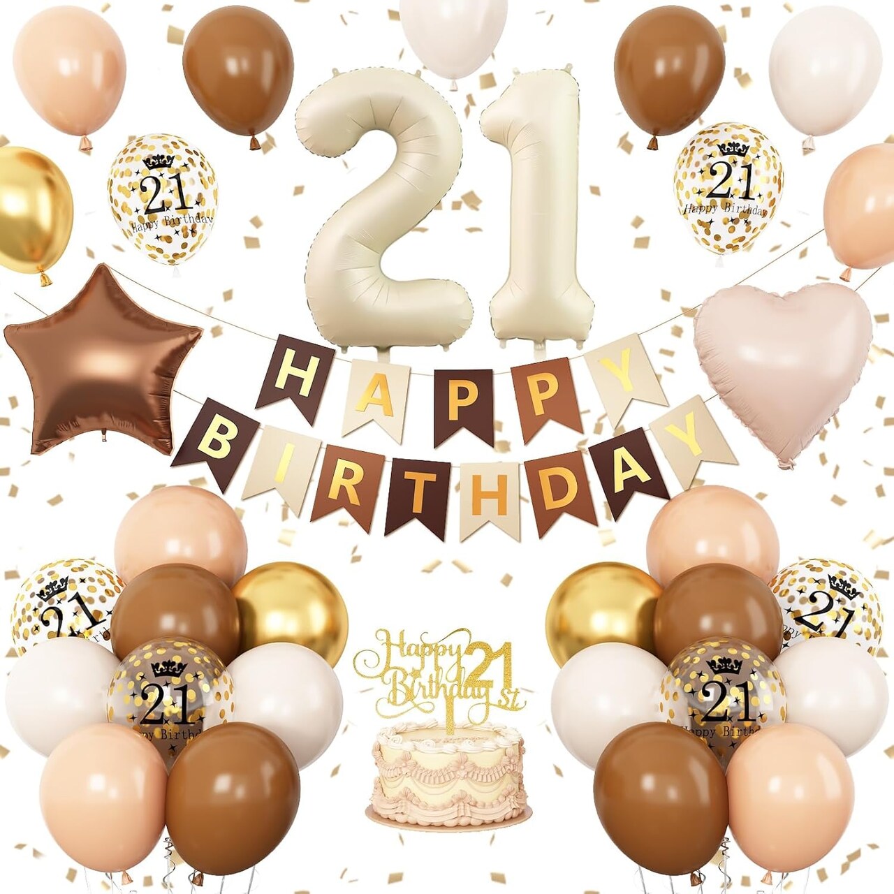 21st Birthday Balloon Number 21 Foil Balloon Happy Birthday Banner with Star Heart Balloons (21st Sand White Brown)